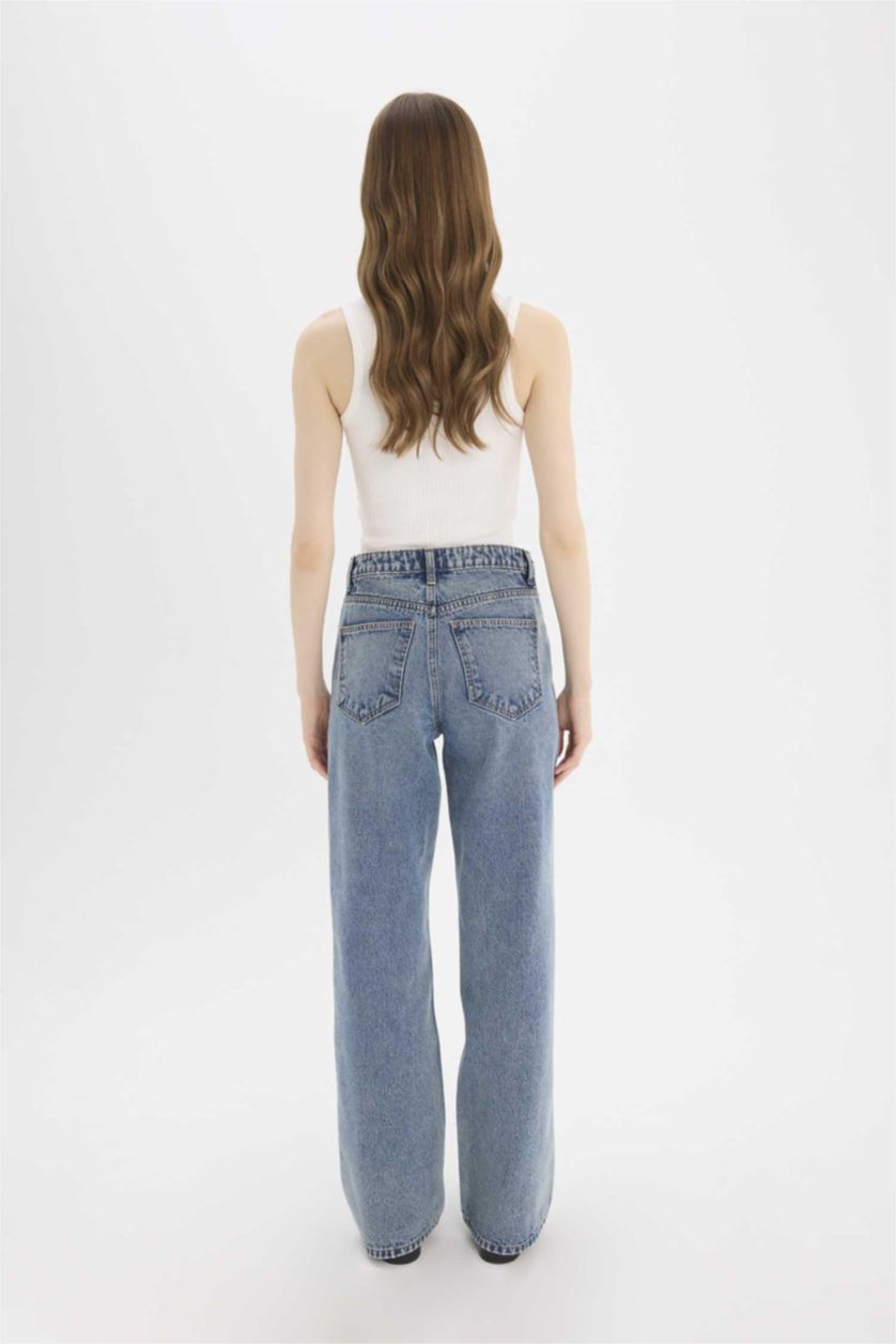 Kadın Mavi Straıght Wıde Yüksek Bel Uzun Jean Pantolon