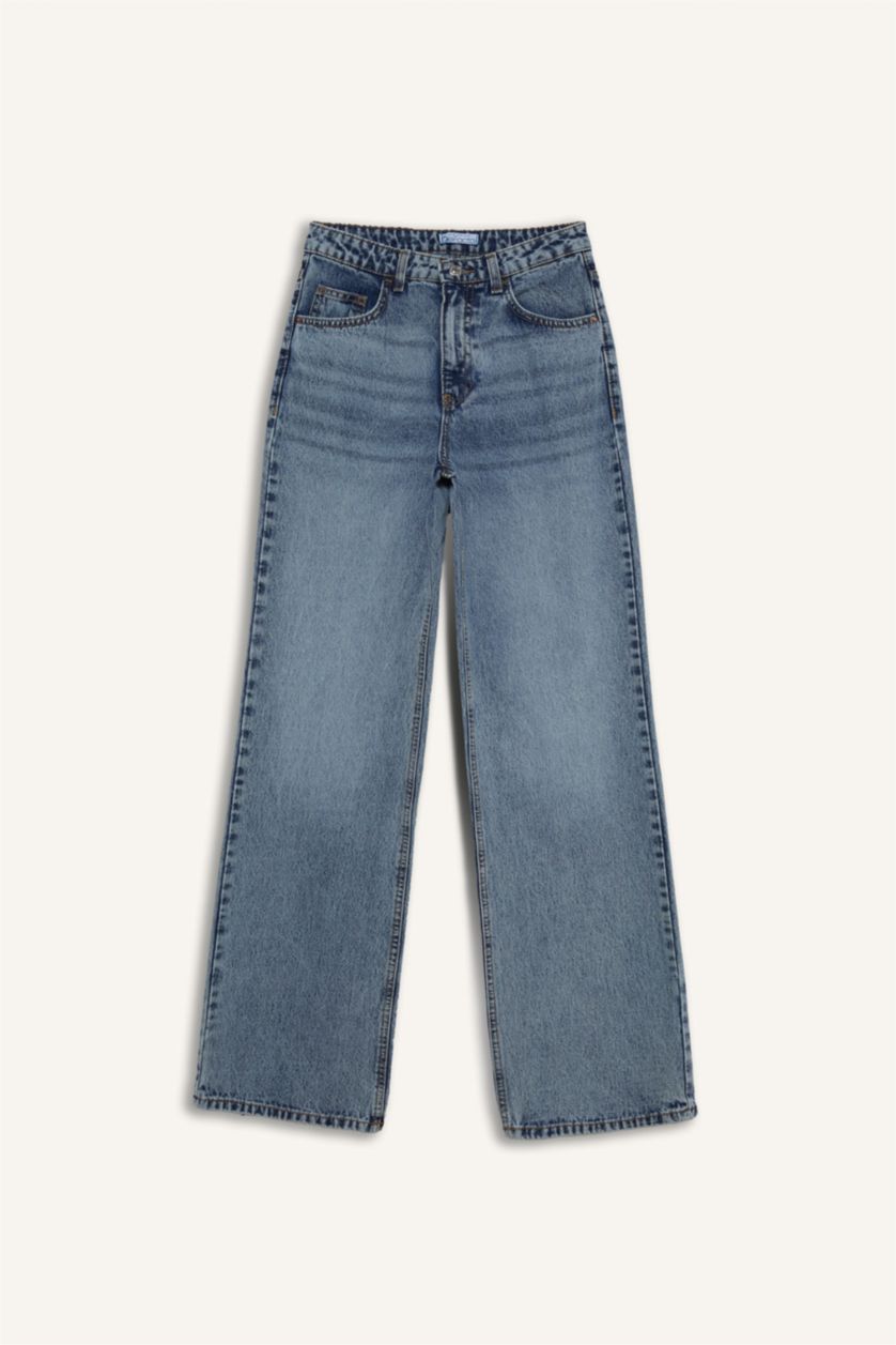 Kadın Mavi Straıght Wıde Yüksek Bel Uzun Jean Pantolon