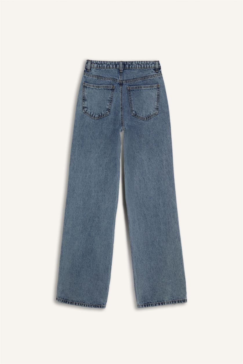 Kadın Mavi Straıght Wıde Yüksek Bel Uzun Jean Pantolon