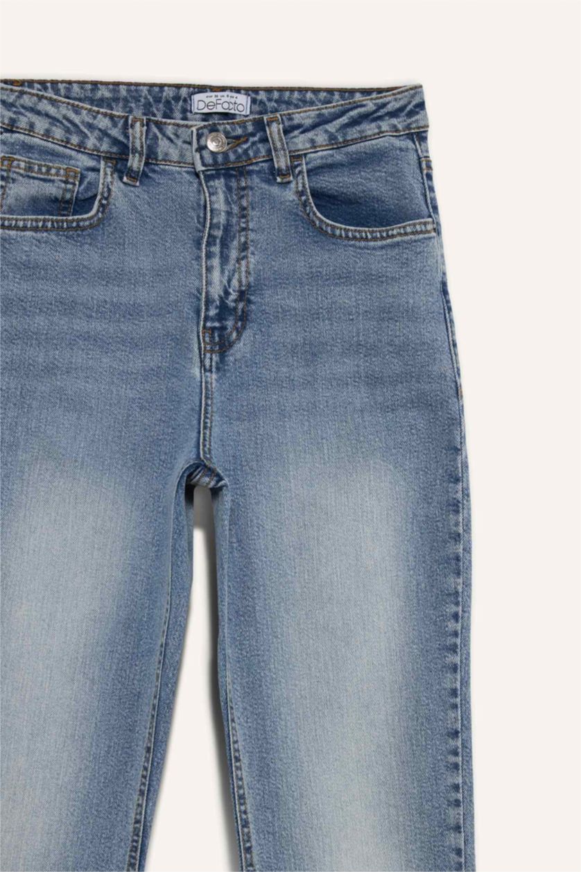 Kadın Açık Mavi Mary Vintage Straight Fit Yüksek Bel Düz Paça Jean Kar Yıkamalı Pantolon
