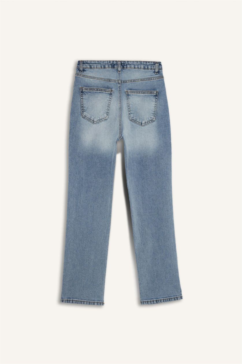 Kadın Açık Mavi Mary Vintage Straight Fit Yüksek Bel Düz Paça Jean Kar Yıkamalı Pantolon