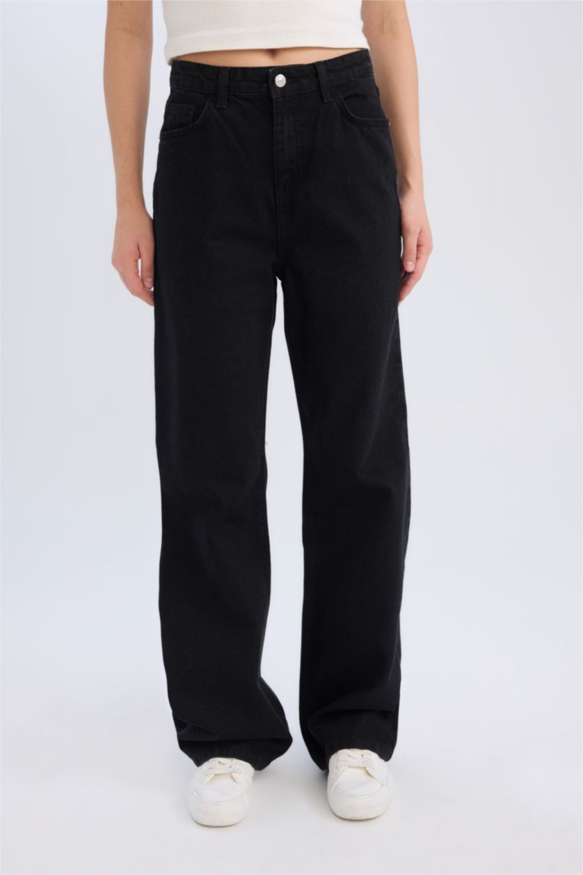 FEMME Noir Pantalon Jean large style des années 90 à taille haute à jambes droites