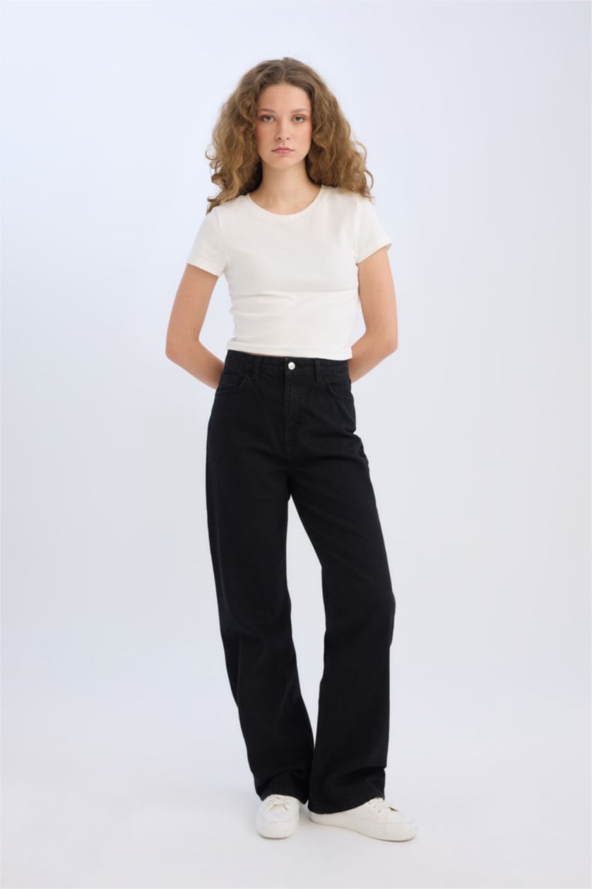 FEMME Noir Pantalon Jean large style des années 90 à taille haute à jambes droites