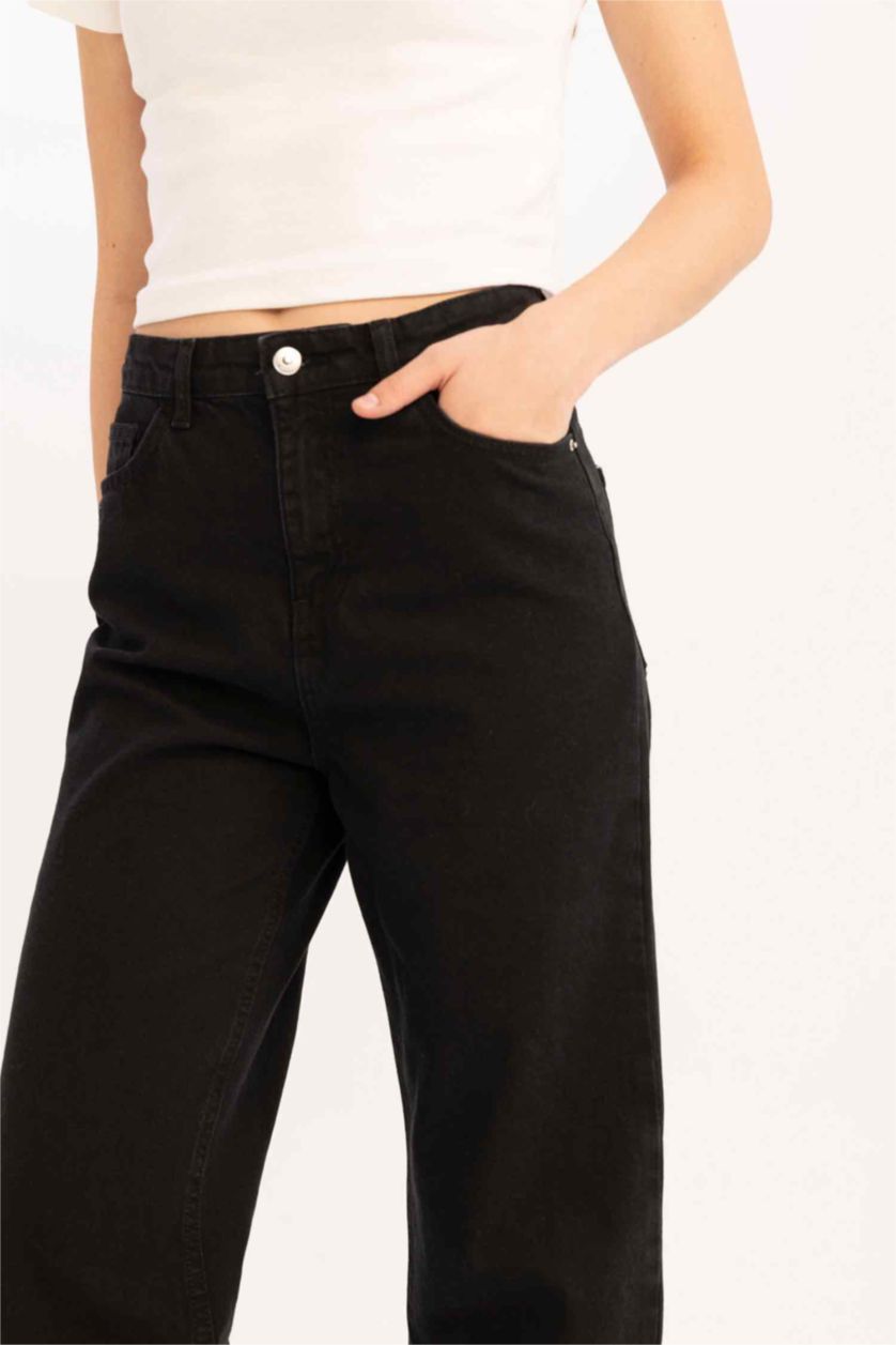 FEMME Noir Pantalon Jean large style des années 90 à taille haute à jambes droites