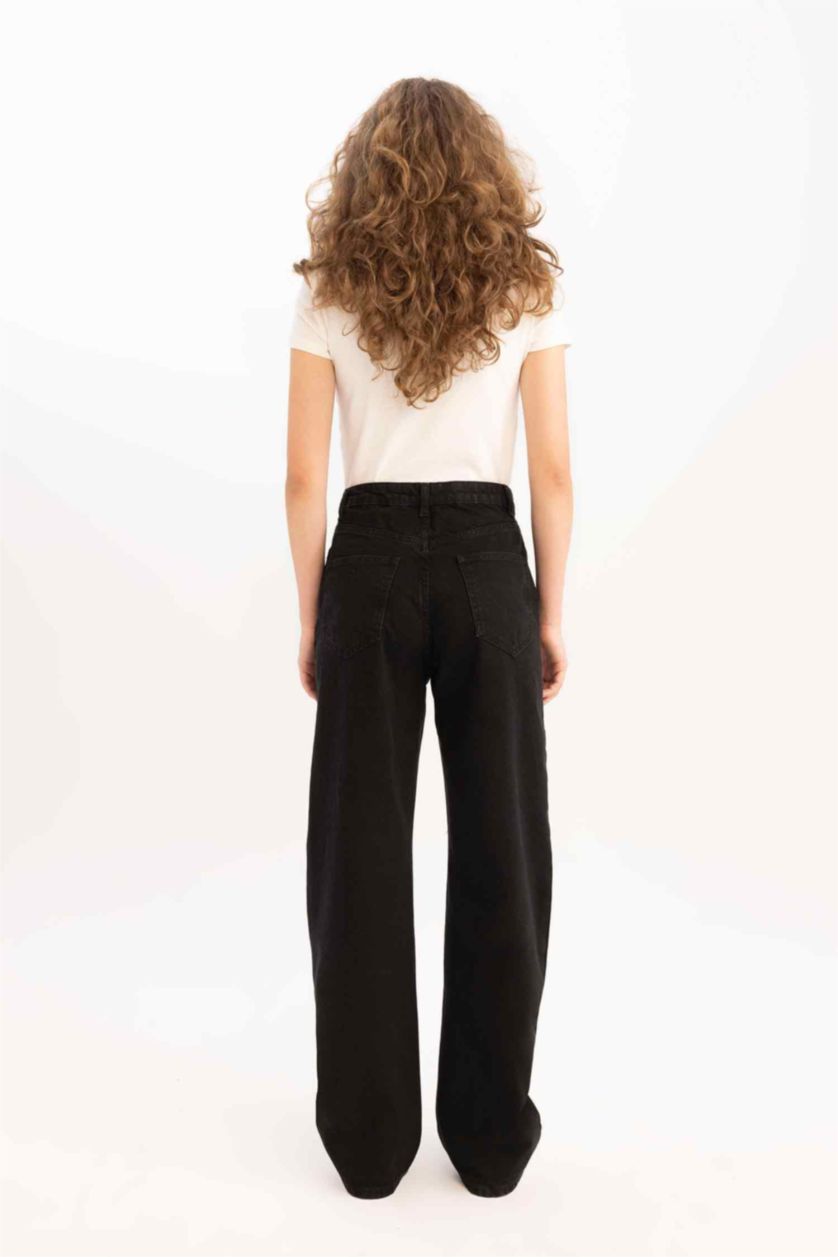 FEMME Noir Pantalon Jean large style des années 90 à taille haute à jambes droites