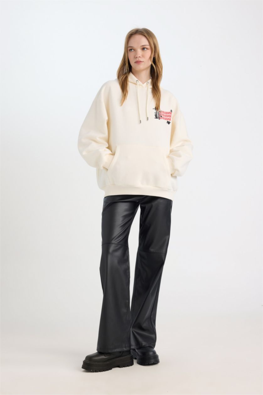 Kadın Ekru Coool Beetlejuice Oversize Geniş Kalıp Kapüşonlu Baskılı Kalın Sweatshirt