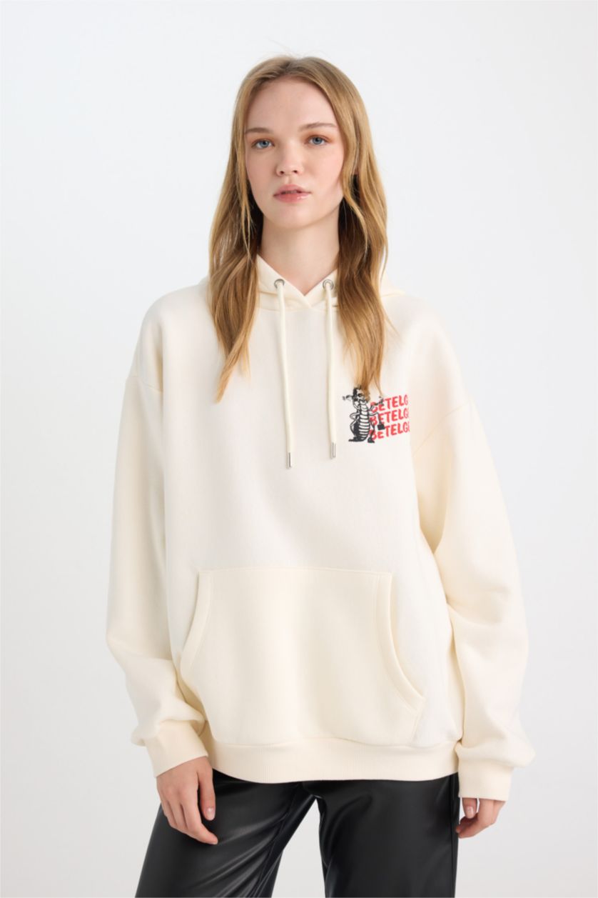 Kadın Ekru Coool Beetlejuice Oversize Geniş Kalıp Kapüşonlu Baskılı Kalın Sweatshirt