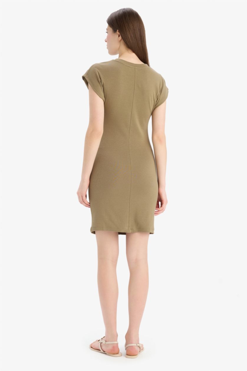 Женщины Светлый хаки Мини-платье облегающее без рукавов из рубчика с круглым вырезом
