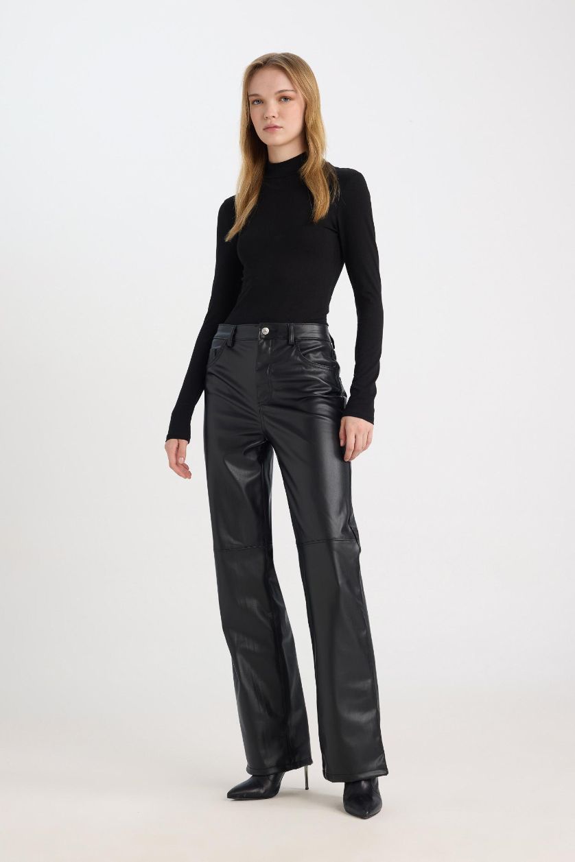 Woman Black Straight Fit Faux Leather High Waist Trousers