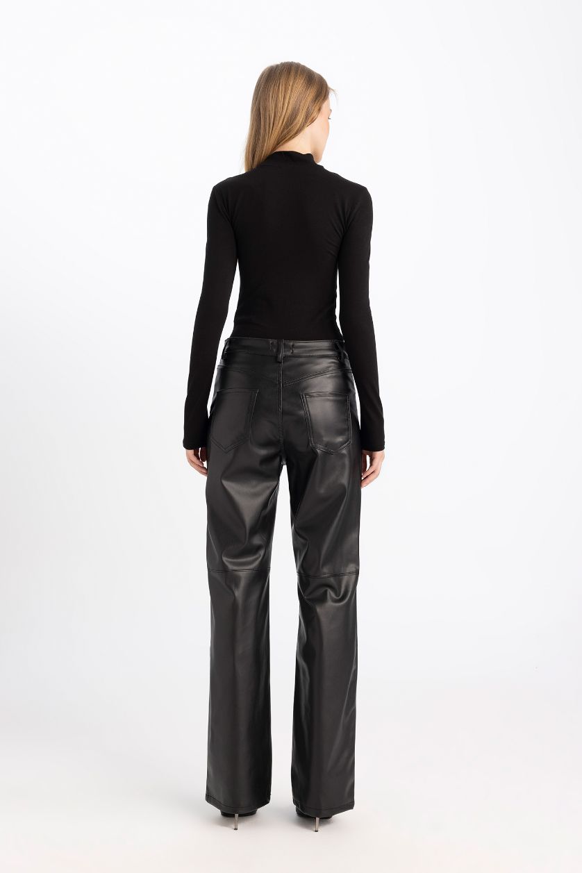Woman Black Straight Fit Faux Leather High Waist Trousers