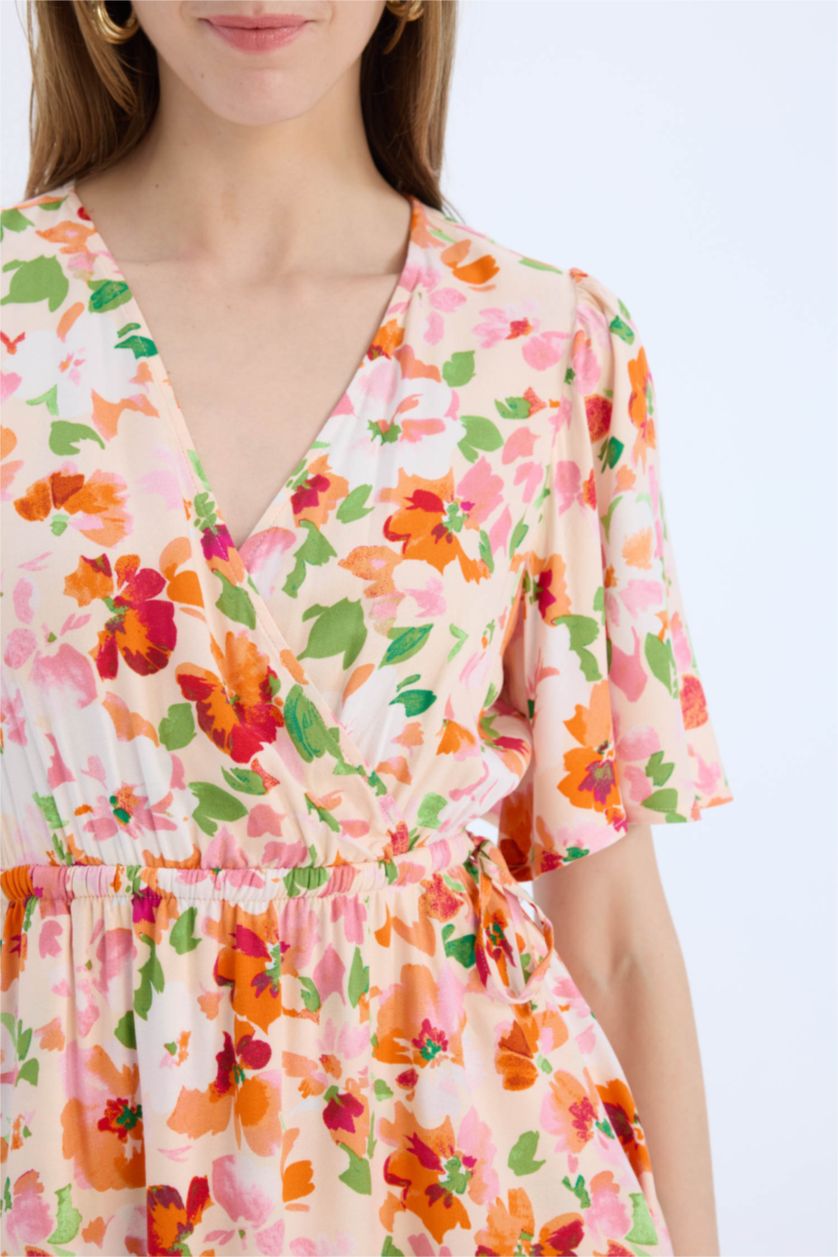 Женщины Розовый Платье с запахом, цветочное, короткий рукав, марокканский стиль