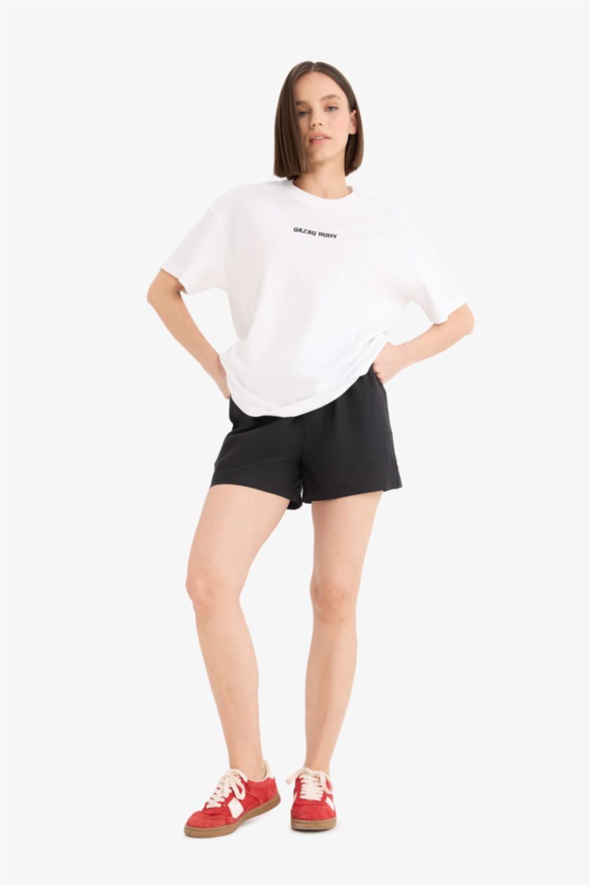 نساء أسود شورت قصة عادية بخصر عادي من مزيج الكتان