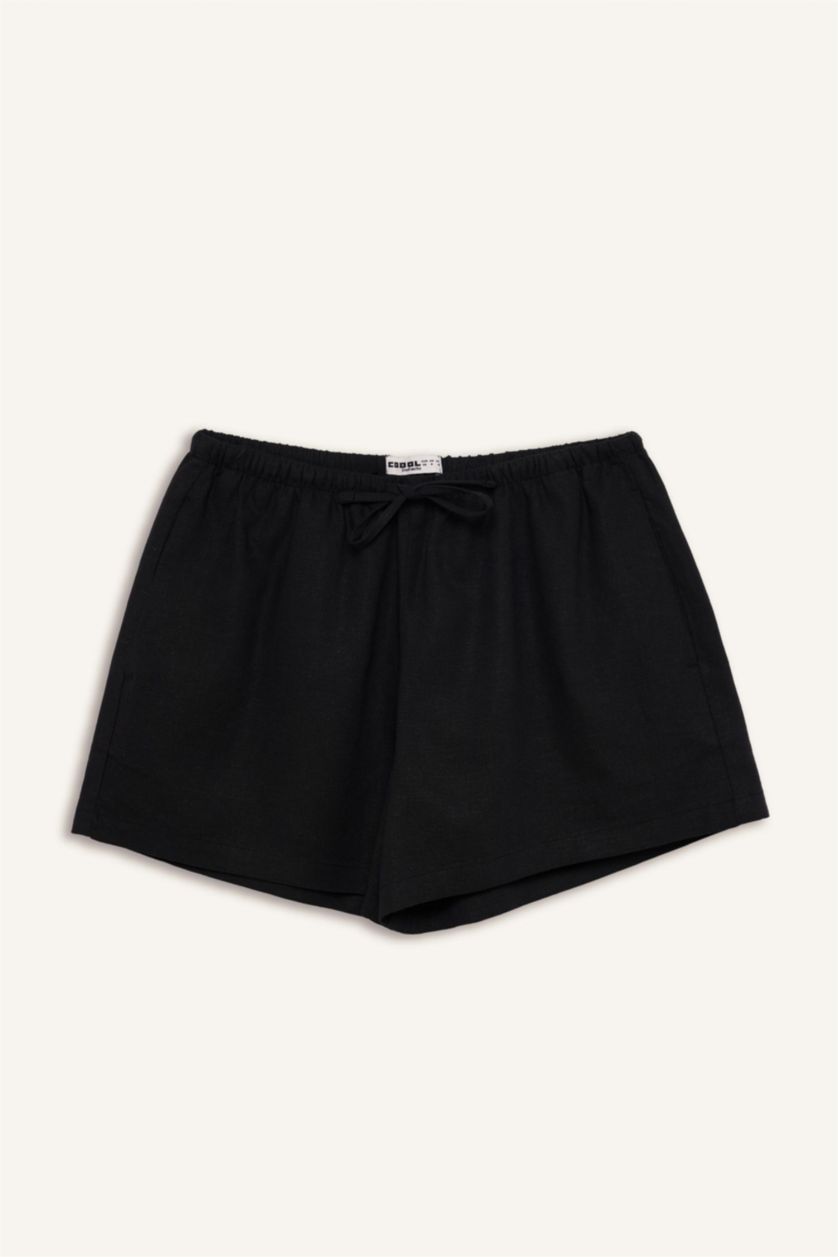 نساء أسود شورت قصة عادية بخصر عادي من مزيج الكتان