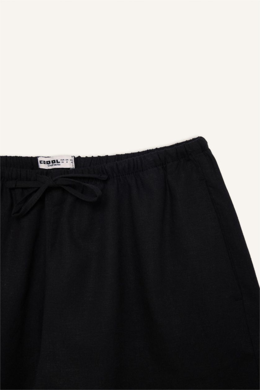 نساء أسود شورت قصة عادية بخصر عادي من مزيج الكتان