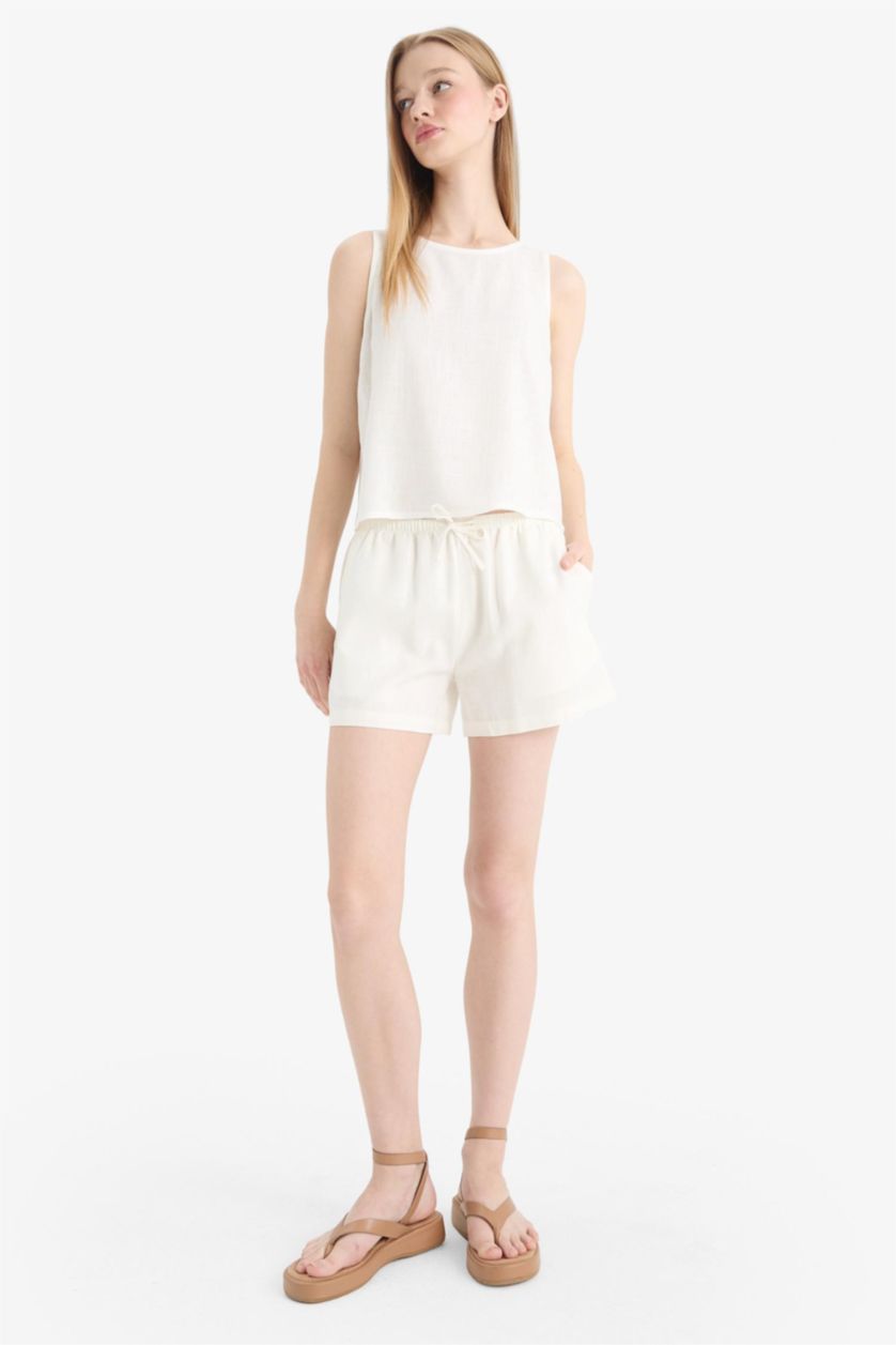 نساء اوف وايت شورتمن مزيج الكتان قصة عادية بخصر عادي