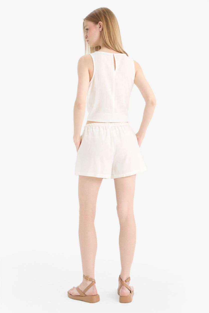 نساء اوف وايت شورتمن مزيج الكتان قصة عادية بخصر عادي