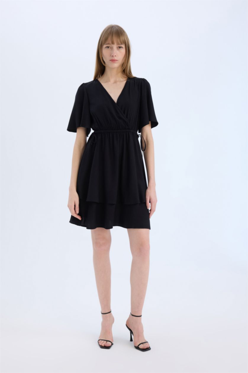 نساء أسود فستان قصير منسوج نص ردن بياخة متقاطعة