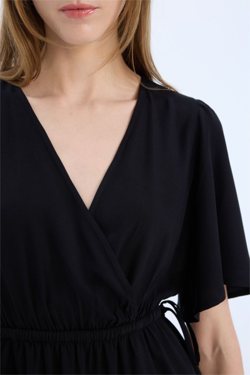 نساء أسود فستان قصير منسوج نص ردن بياخة متقاطعة