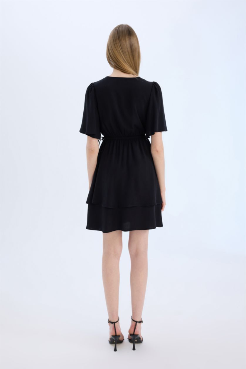 نساء أسود فستان قصير منسوج نص ردن بياخة متقاطعة