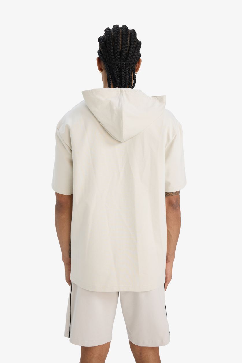 رجال اللون الحجري تي شيرت مطبوع قصة عادية بغطاء للرأس