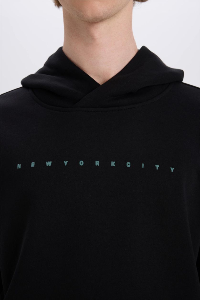 Erkek Siyah Boxy Fit Kapüşonlu Sırt Baskılı Sweatshirt