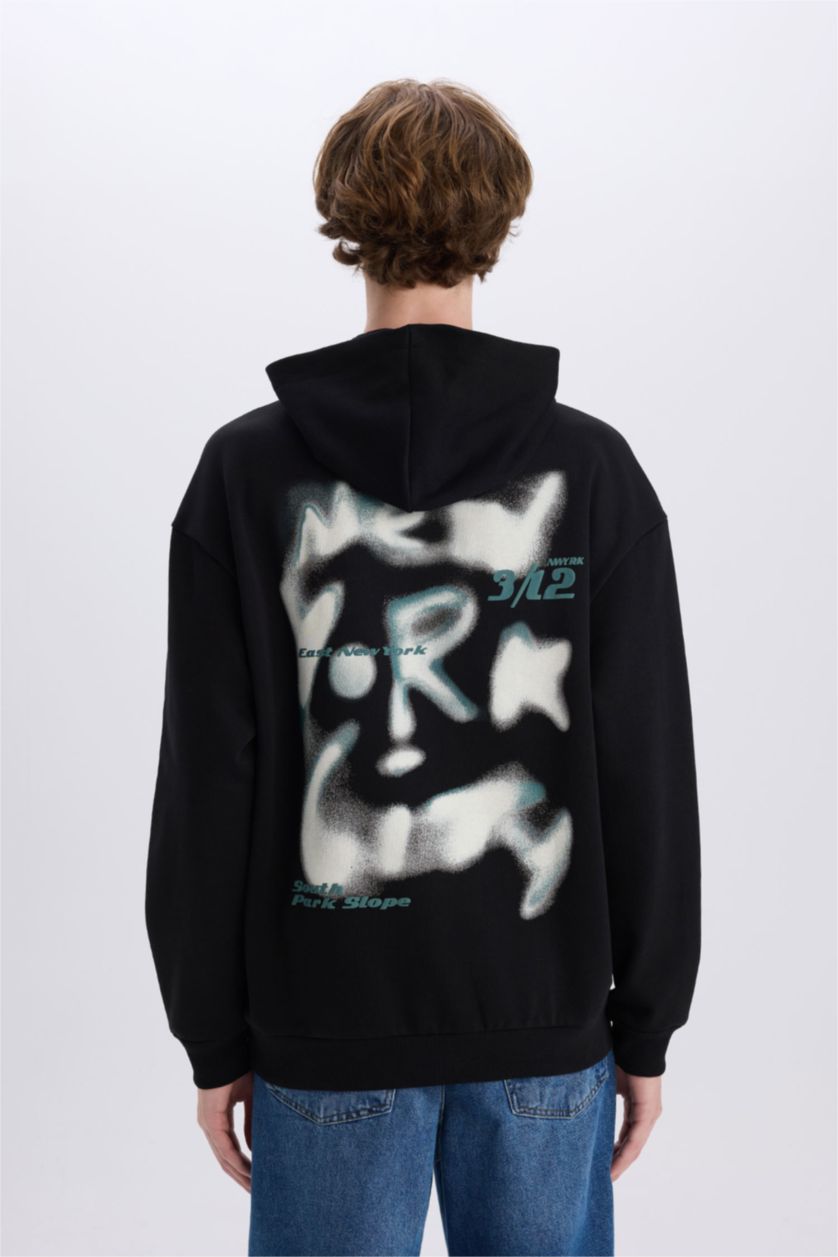 Erkek Siyah Boxy Fit Kapüşonlu Sırt Baskılı Sweatshirt