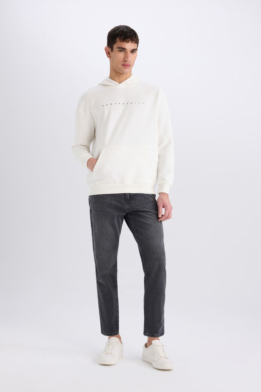 Erkek Ekru Boxy Fit Kapüşonlu Sırt Baskılı Sweatshirt