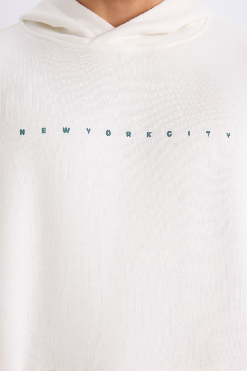 Erkek Ekru Boxy Fit Kapüşonlu Sırt Baskılı Sweatshirt