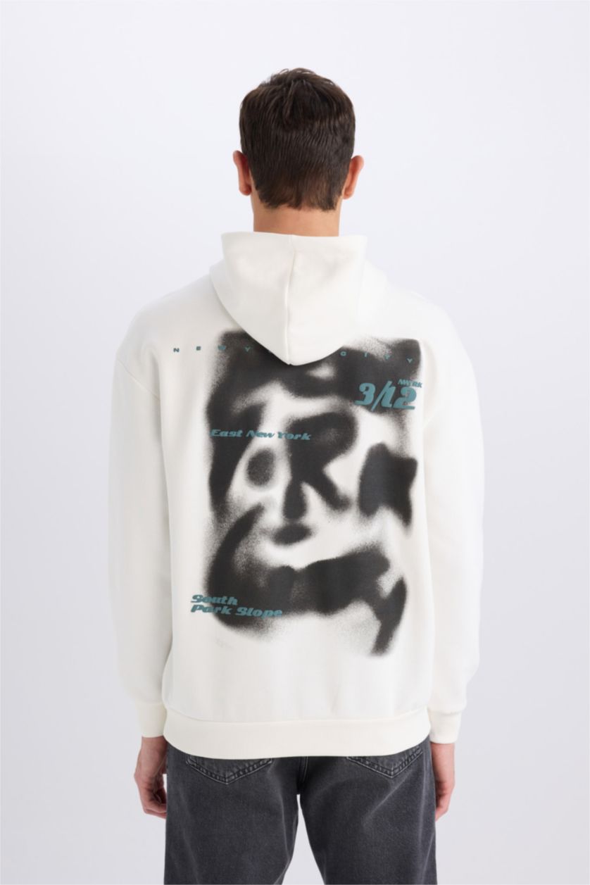 Erkek Ekru Boxy Fit Kapüşonlu Sırt Baskılı Sweatshirt