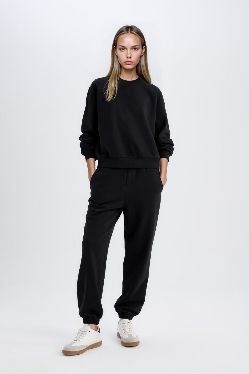 Kadın Siyah Regular Fit 2'li Takım Sweatshirt Beli Lastikli Jogger Eşofman Altı