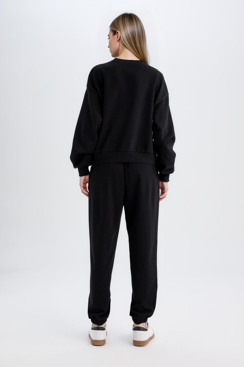 Kadın Siyah Regular Fit 2'li Takım Sweatshirt Beli Lastikli Jogger Eşofman Altı