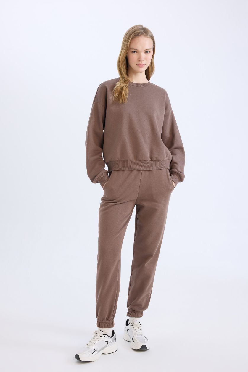 Kadın Koyu Kahve Regular Fit 2'li Takım Sweatshirt Beli Lastikli Jogger Eşofman Altı