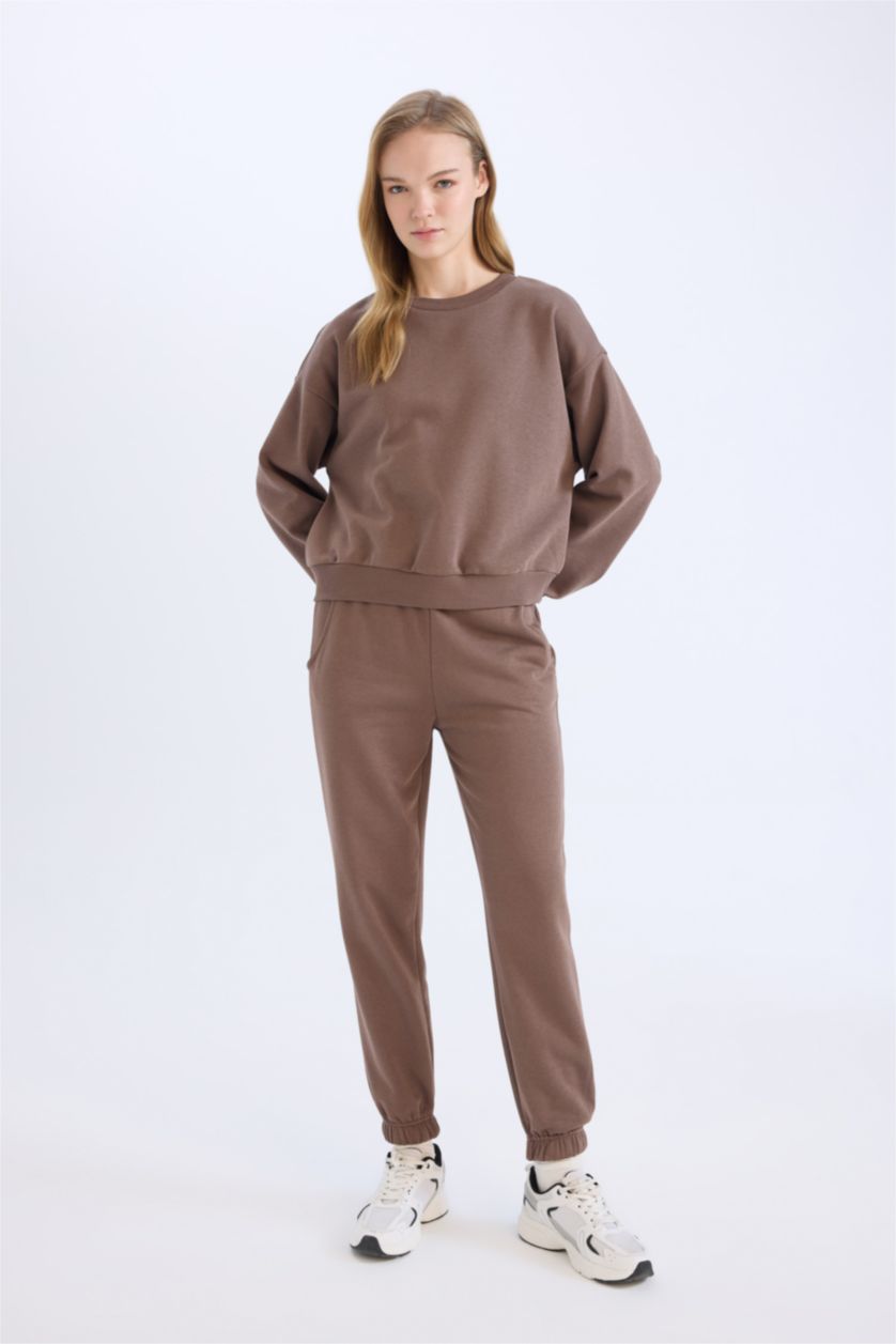 Kadın Koyu Kahve Regular Fit 2'li Takım Sweatshirt Beli Lastikli Jogger Eşofman Altı