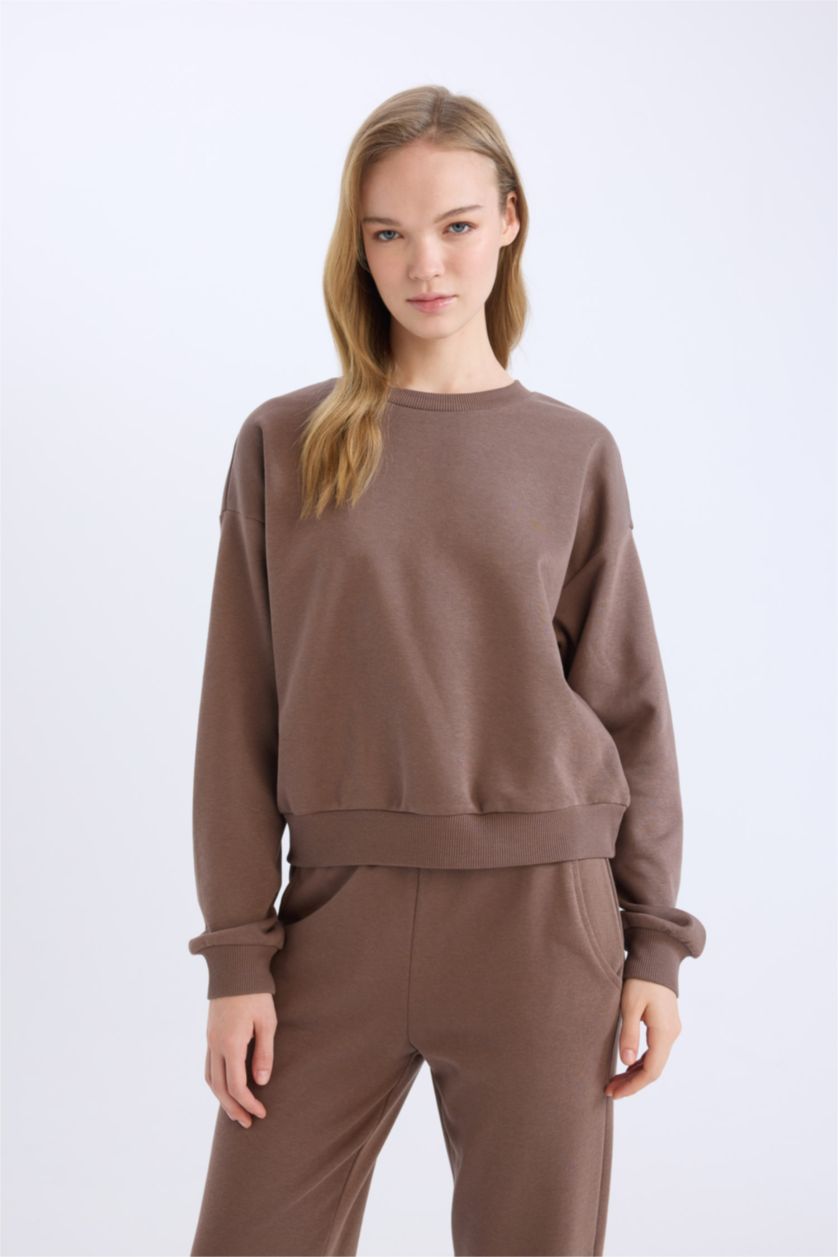 Kadın Koyu Kahve Regular Fit 2'li Takım Sweatshirt Beli Lastikli Jogger Eşofman Altı