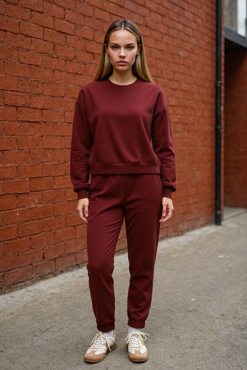 Kadın Koyu Bordo Regular Fit 2'li Takım Sweatshirt Beli Lastikli Jogger Eşofman Altı