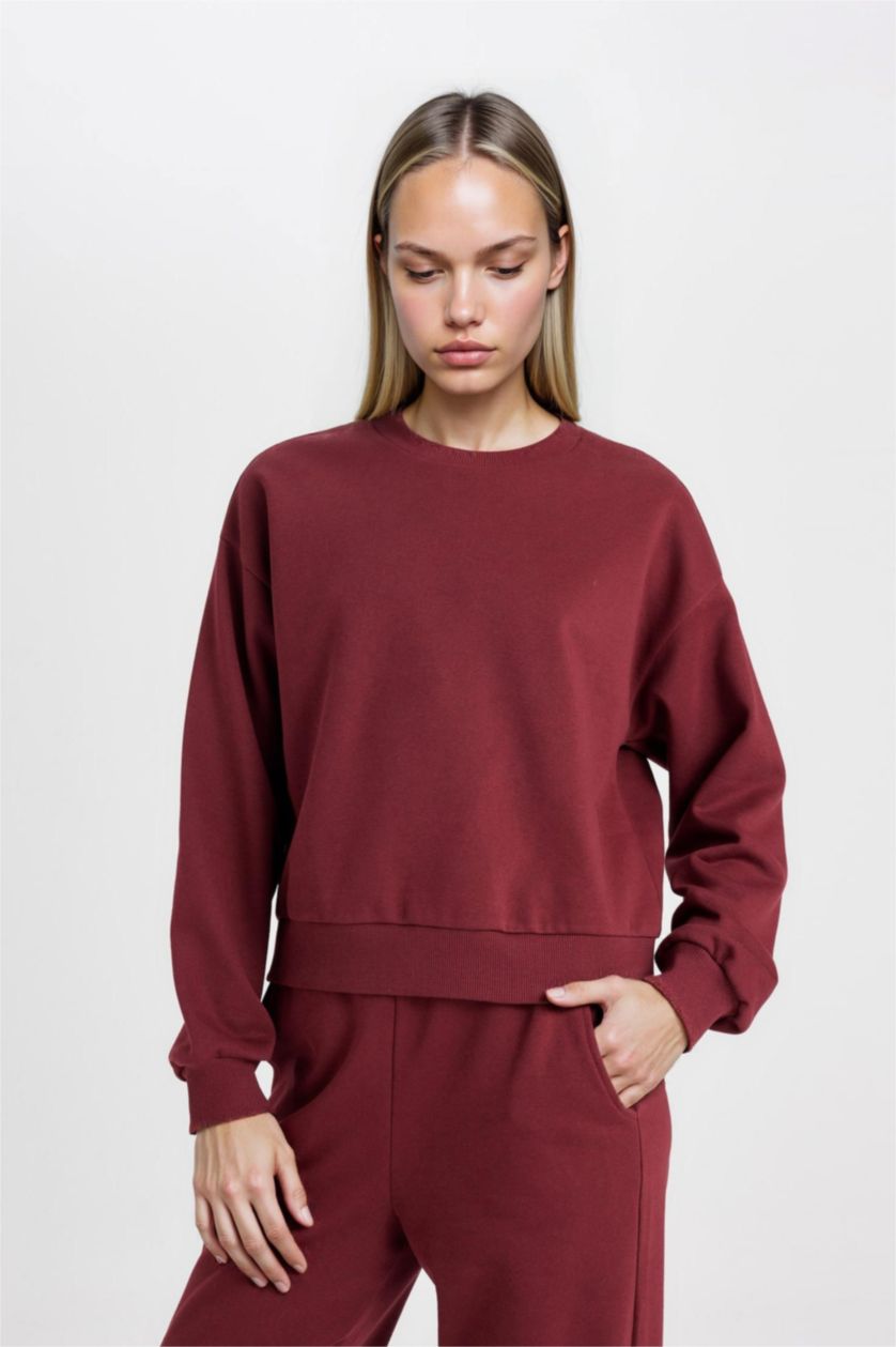 Kadın Koyu Bordo Regular Fit 2'li Takım Sweatshirt Beli Lastikli Jogger Eşofman Altı