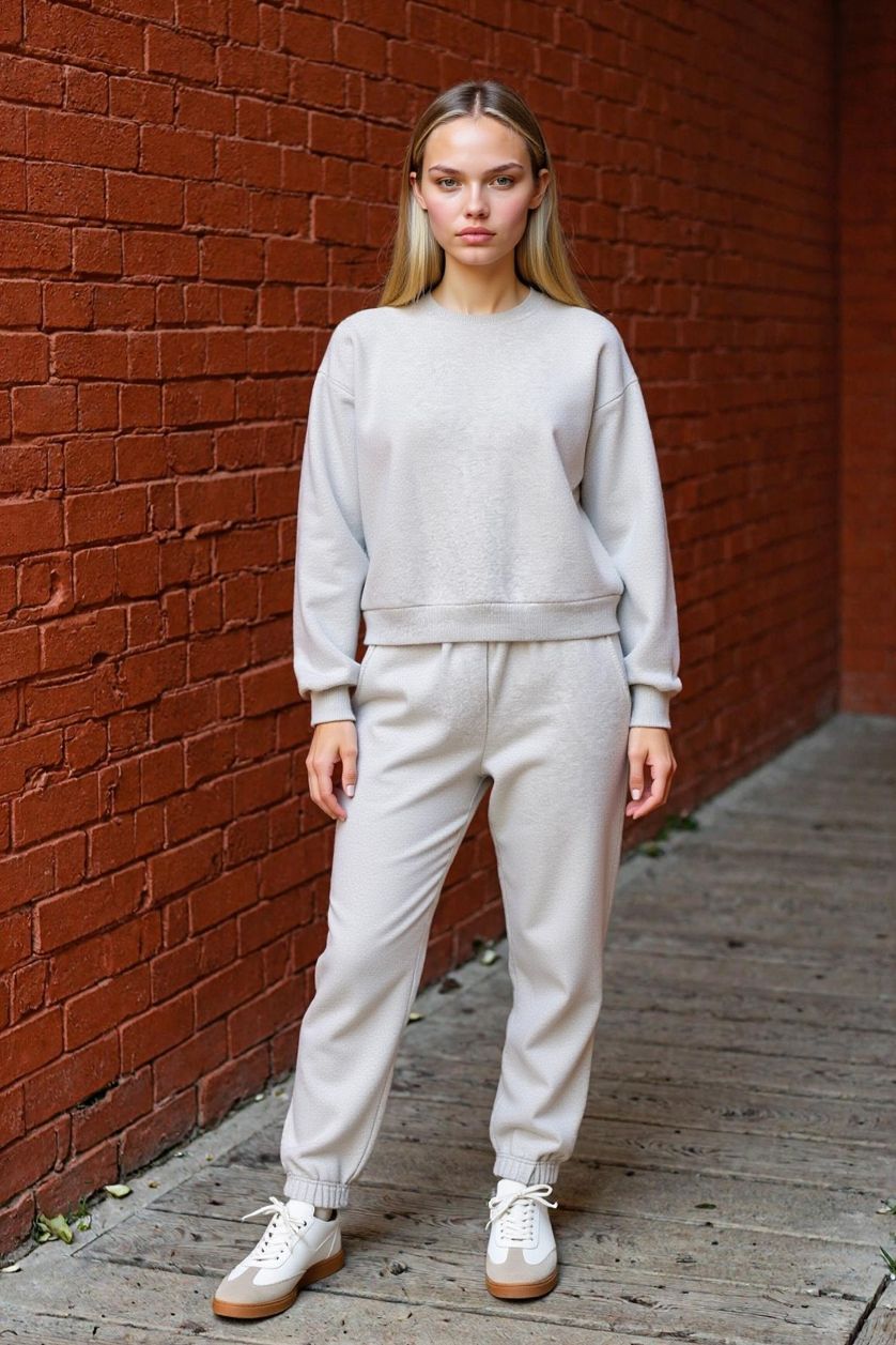 Kadın Gri Melanj Regular Fit 2'li Takım Sweatshirt Beli Lastikli Jogger Eşofman Altı