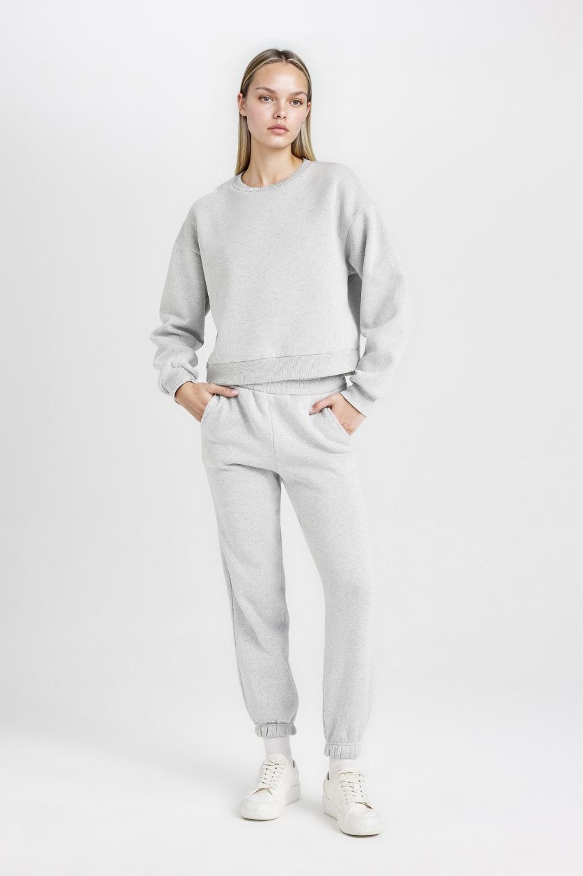 Kadın Gri Melanj Regular Fit 2'li Takım Sweatshirt Beli Lastikli Jogger Eşofman Altı