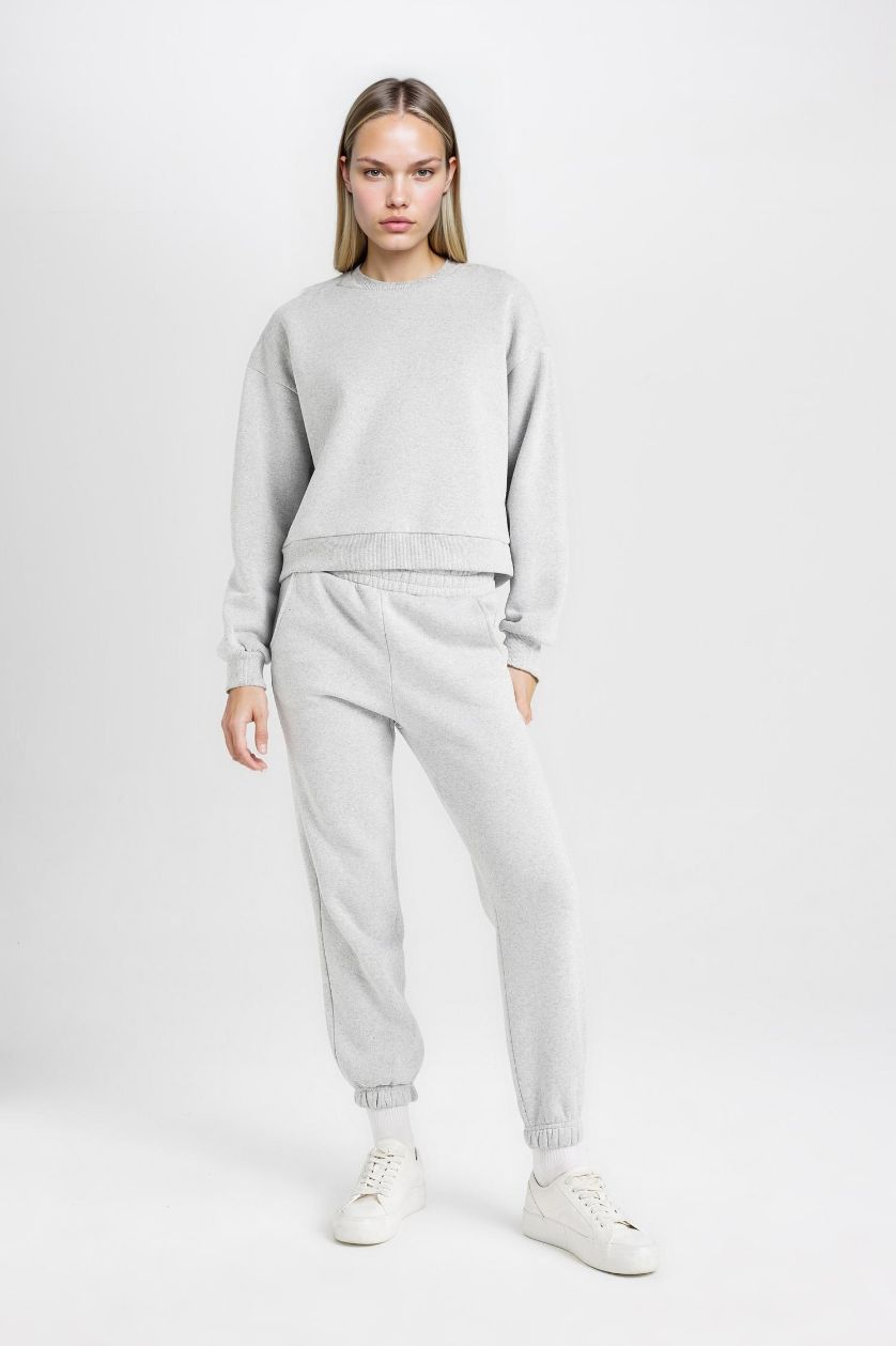 Kadın Gri Melanj Regular Fit 2'li Takım Sweatshirt Beli Lastikli Jogger Eşofman Altı