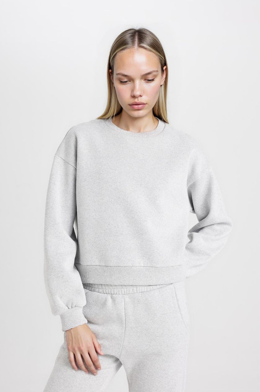 Kadın Gri Melanj Regular Fit 2'li Takım Sweatshirt Beli Lastikli Jogger Eşofman Altı