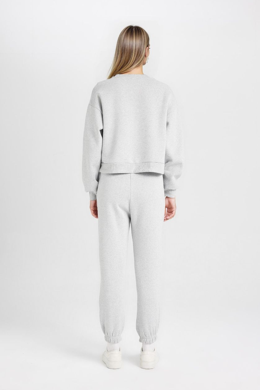 Kadın Gri Melanj Regular Fit 2'li Takım Sweatshirt Beli Lastikli Jogger Eşofman Altı