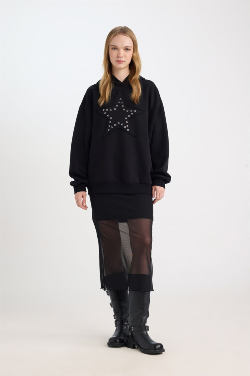 Kadın Siyah Oversize Geniş Kalıp Yıldızlı Kalın Siyah Sweatshirt