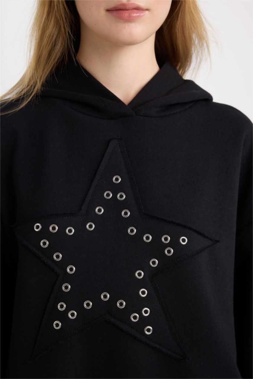Kadın Siyah Oversize Geniş Kalıp Yıldızlı Kalın Siyah Sweatshirt