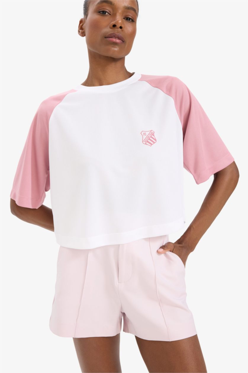 Kadın Beyaz Crop Bisiklet Yaka Baskılı Sporcu Kısa Kollu Tişört