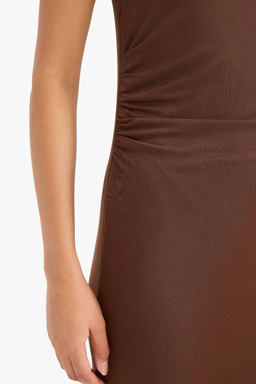 Женщины Коричневый Облегающее платье миди без рукавов из тюля с круглым вырезом Bodycon.