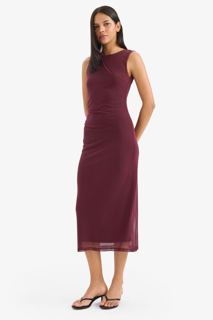 Kadın Bordo Bodycon Vücudu Saran Yuvarlak Yaka Tül Kolsuz Midi Elbise