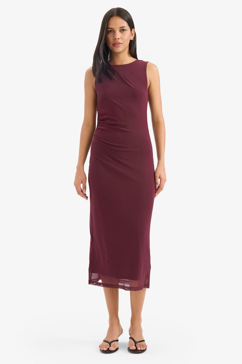 Kadın Bordo Bodycon Vücudu Saran Yuvarlak Yaka Tül Kolsuz Midi Elbise