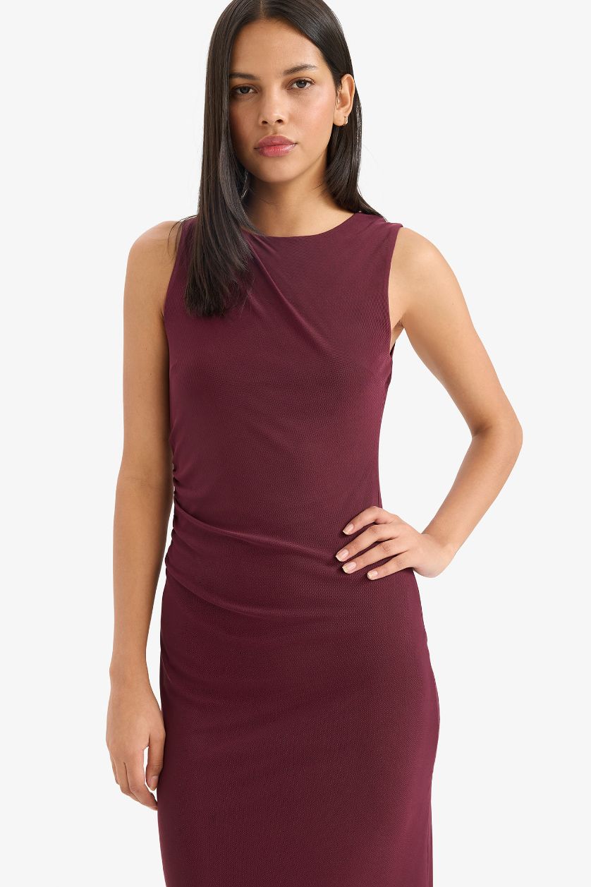 Kadın Bordo Bodycon Vücudu Saran Yuvarlak Yaka Tül Kolsuz Midi Elbise