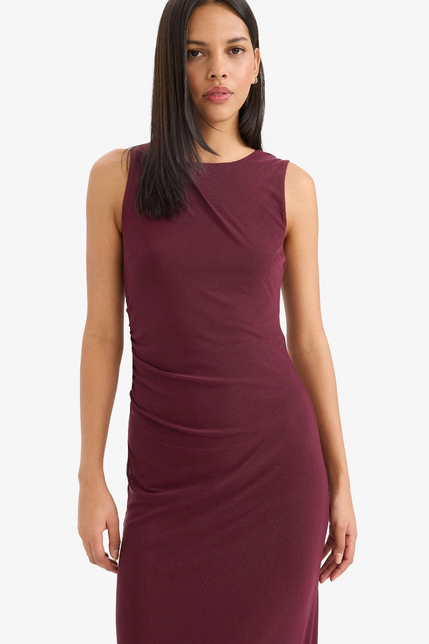 Kadın Bordo Bodycon Vücudu Saran Yuvarlak Yaka Tül Kolsuz Midi Elbise