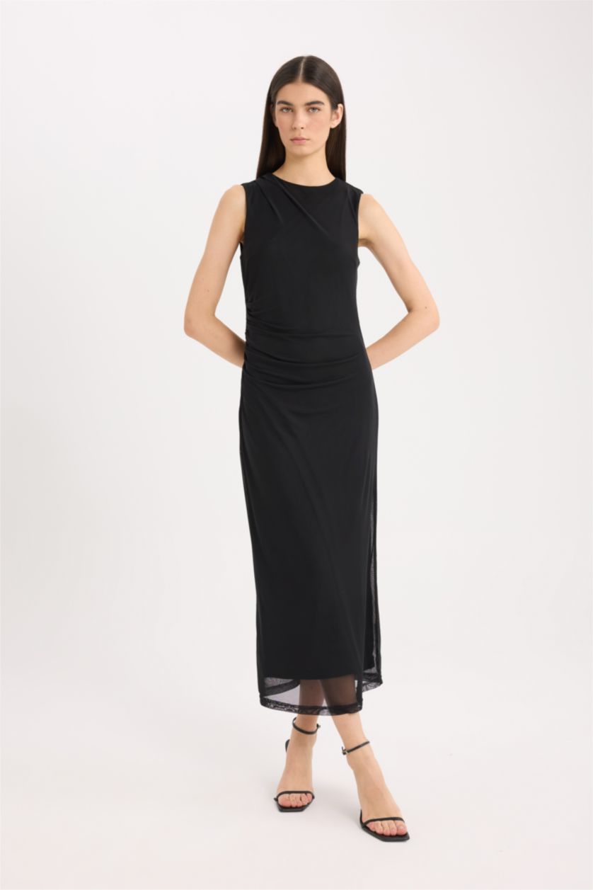 Woman Black Bodycon Round Collar Tulle Sleeveless Midi Dress